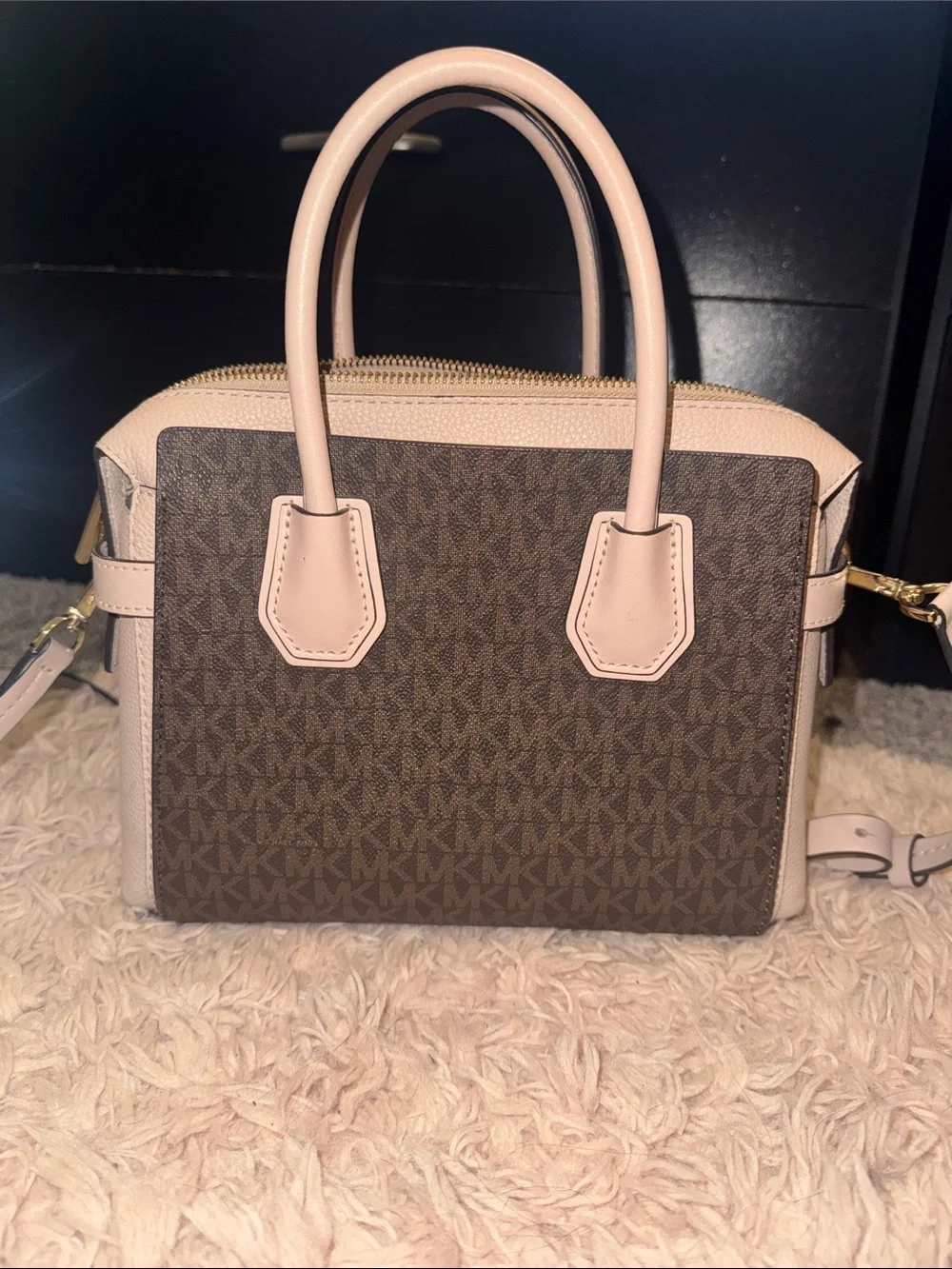 Michael Kors Brown Signature Satchel with Soft Pink Trim